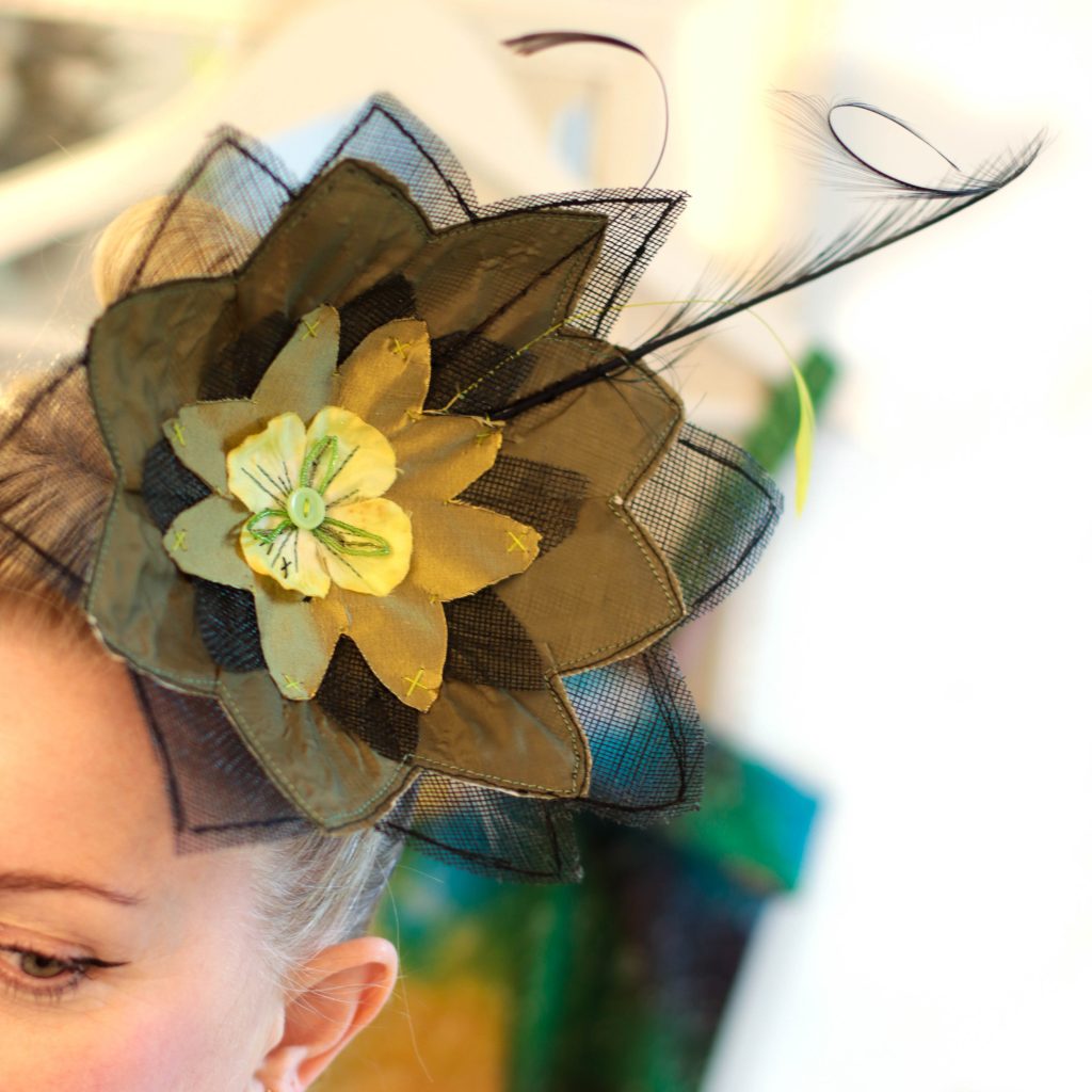 Flower headpiece made of green parachute fabric